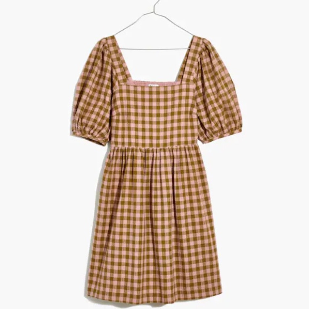 Madewell Square-Neck Puff-Sleeve Dress in Gingham Seersucker. Small/Medium.